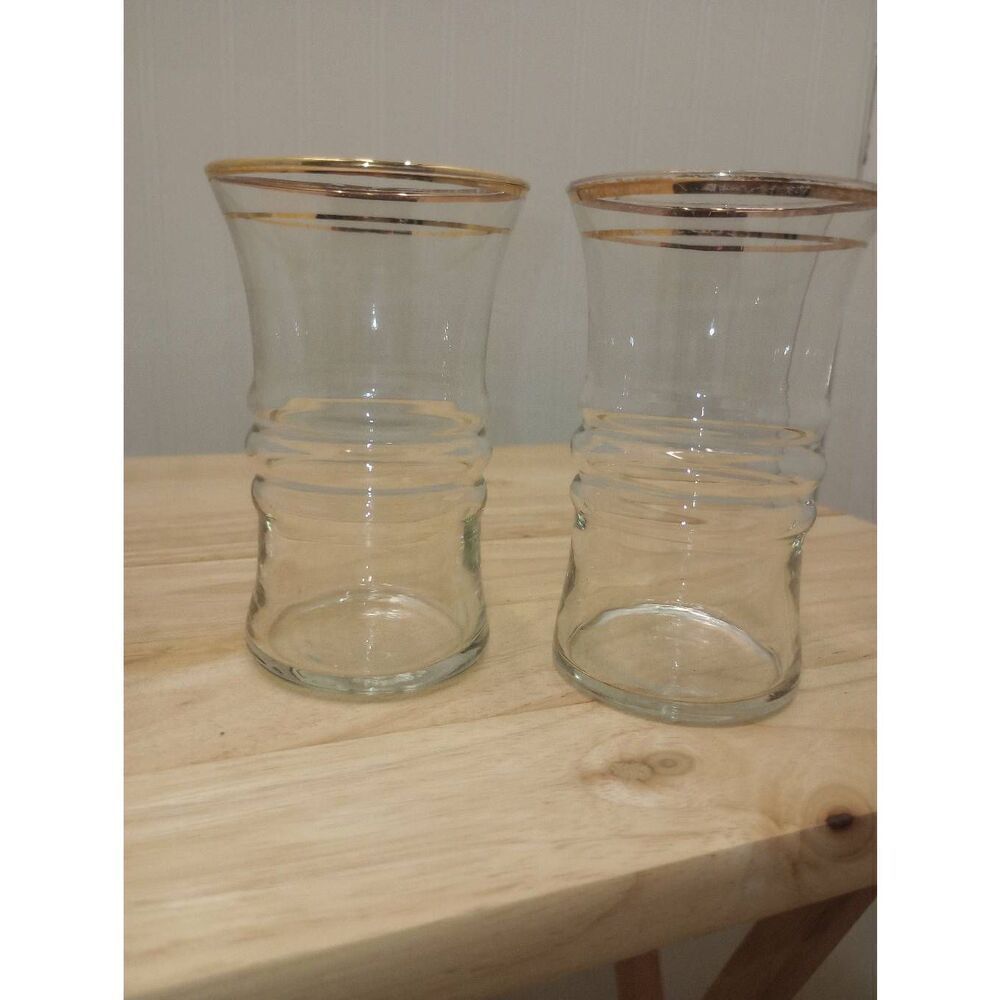 Vintage MCM  Anchor Hocking, Ribbed, hour glass shaped, gold rimmed drinking gla